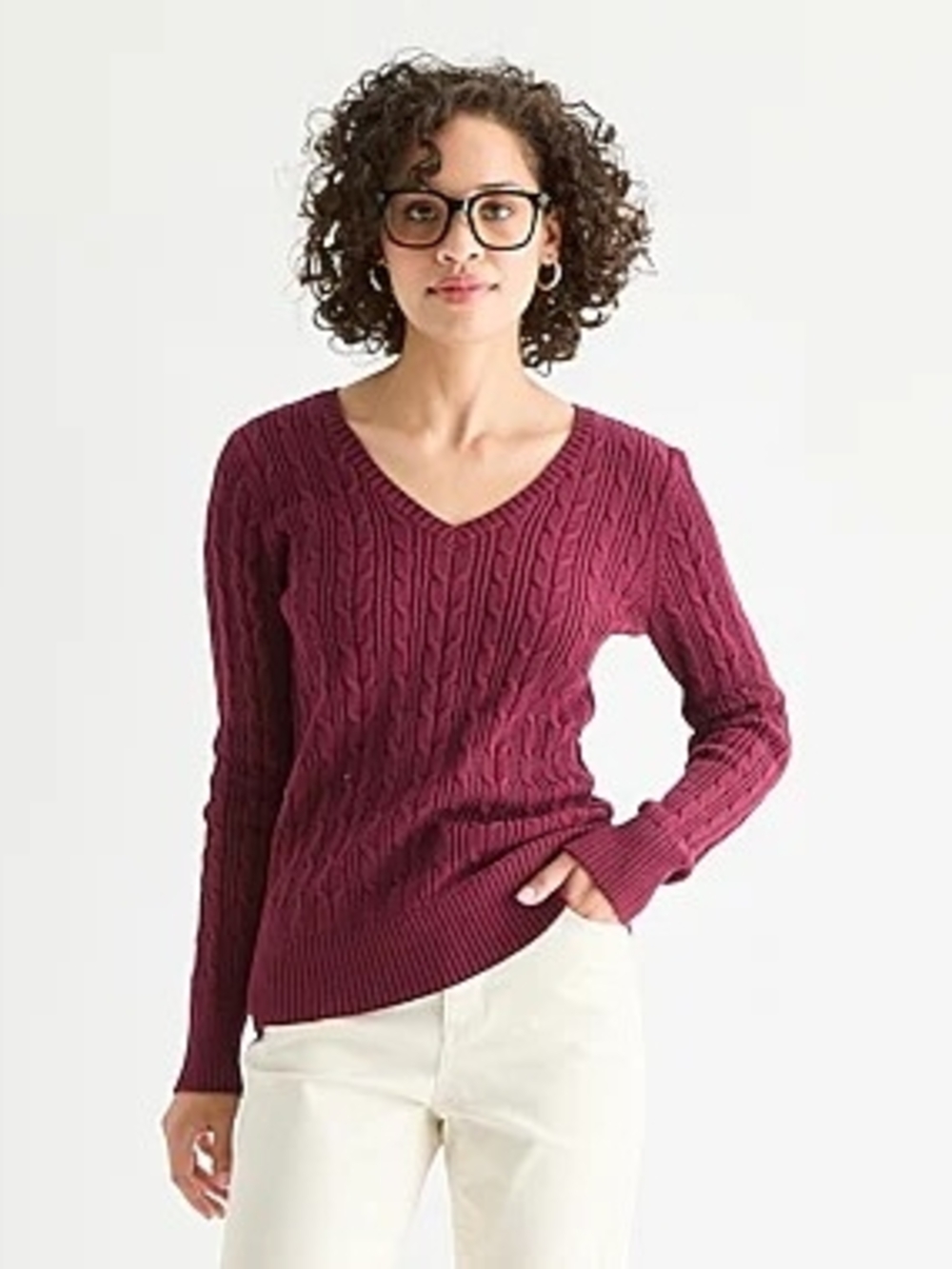St. John's Bay V-Neck Cable Knit Sweater - Burgundy - Picture 1 of 6